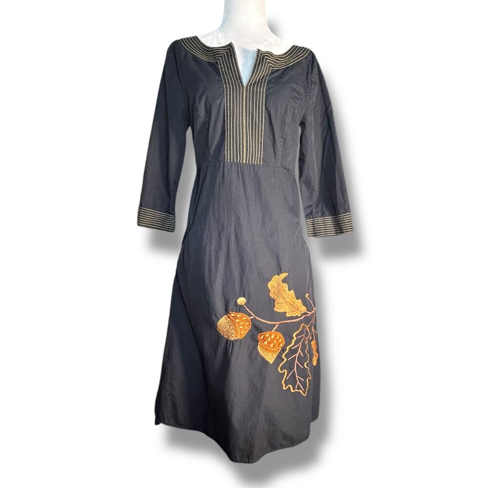 eShakti Black Cotton Dress Embroidered Oak Leaf Acorn Midi Fall Folk Art Boho
